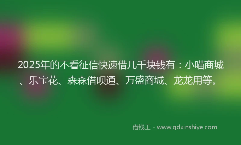 2025年的不看征信快速借几千块钱有：小喵商城、乐宝花、森森借呗通、万盛商城、龙龙用等。