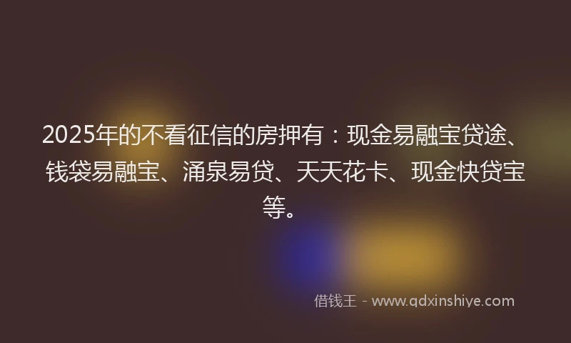 2025年的不看征信的房押有：现金易融宝贷途、钱袋易融宝、涌泉易贷、天天花卡、现金快贷宝等。