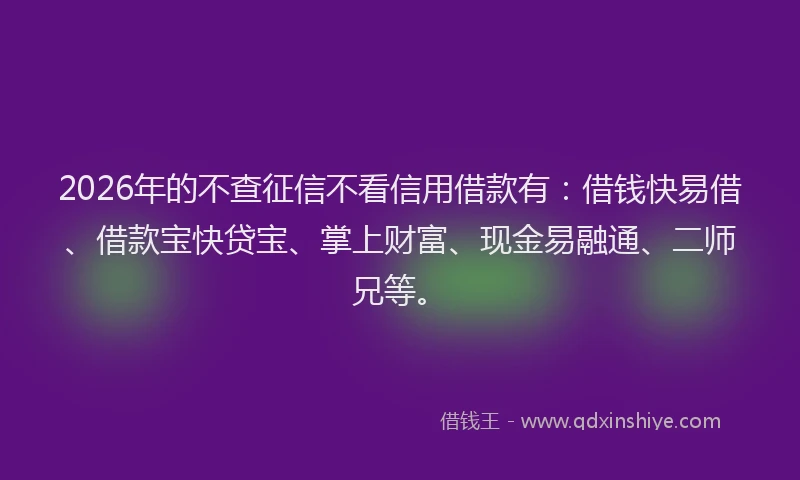 2026年的不查征信不看信用借款有：借钱快易借、借款宝快贷宝、掌上财富、现金易融通、二师兄等。