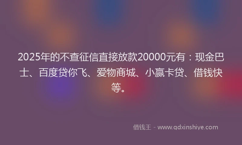 2025年的不查征信直接放款20000元有：现金巴士、百度贷你飞、爱物商城、小赢卡贷、借钱快等。