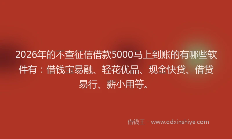2026年的不查征信借款5000马上到账的有哪些软件有：借钱宝易融、轻花优品、现金快贷、借贷易行、薪小用等。