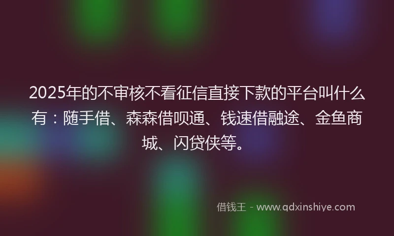 2025年的不审核不看征信直接下款的平台叫什么有：随手借、森森借呗通、钱速借融途、金鱼商城、闪贷侠等。