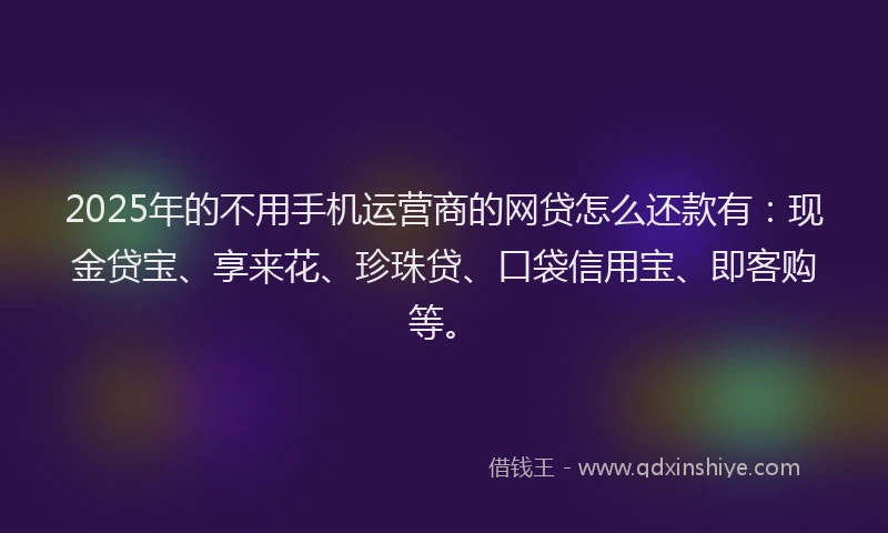 2025年的不用手机运营商的网贷怎么还款有:现金贷宝、享来花、珍珠贷、口袋信用宝、即客购等。