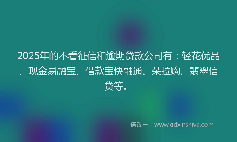 2025年的不看征信和逾期贷款公司有：轻花优品、现金易融宝、借款宝快融通、朵拉购、翡翠信贷等。