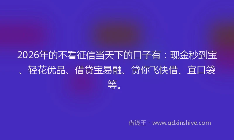 2026年的不看征信当天下的口子有：现金秒到宝、轻花优品、借贷宝易融、贷你飞快借、宜口袋等。
