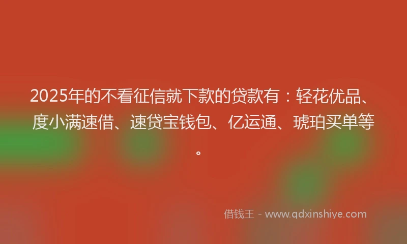 2025年的不看征信就下款的贷款有：轻花优品、度小满速借、速贷宝钱包、亿运通、琥珀买单等。