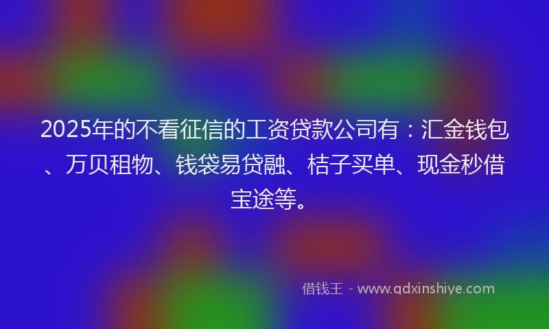 2025年的不看征信的工资贷款公司有:汇金钱包、万贝租物、钱袋易贷融、桔子买单、现金秒借宝途等。