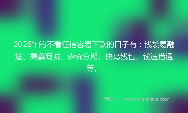 2026年的不看征信容易下款的口子有：钱袋易融途、秉鑫商城、森森分期、快鸟钱包、钱速借通等。