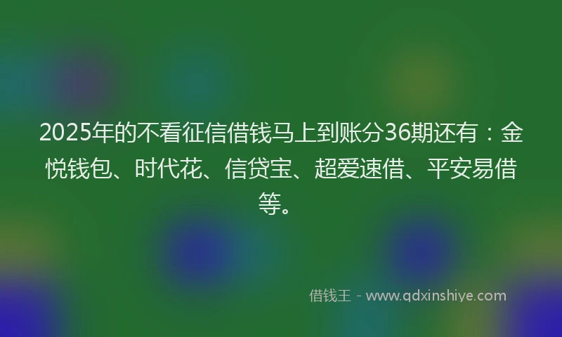 2025年的不看征信借钱马上到账分36期还有：金悦钱包、时代花、信贷宝、超爱速借、平安易借等。