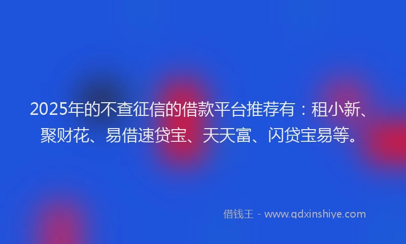 2025年的不查征信的借款平台推荐有：租小新、聚财花、易借速贷宝、天天富、闪贷宝易等。