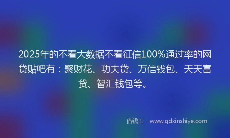 2025年的不看大数据不看征信100%通过率的网贷贴吧有:聚财花、功夫贷、万信钱包、天天富贷、智汇钱包等。