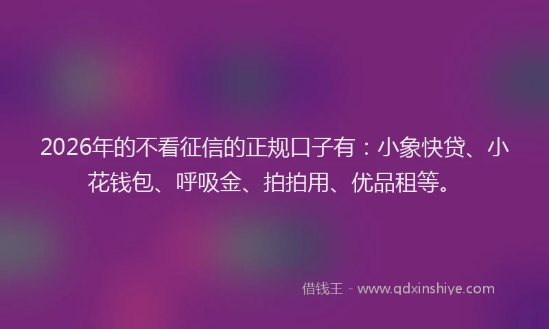 2026年的不看征信的正规口子有：小象快贷、小花钱包、呼吸金、拍拍用、优品租等。