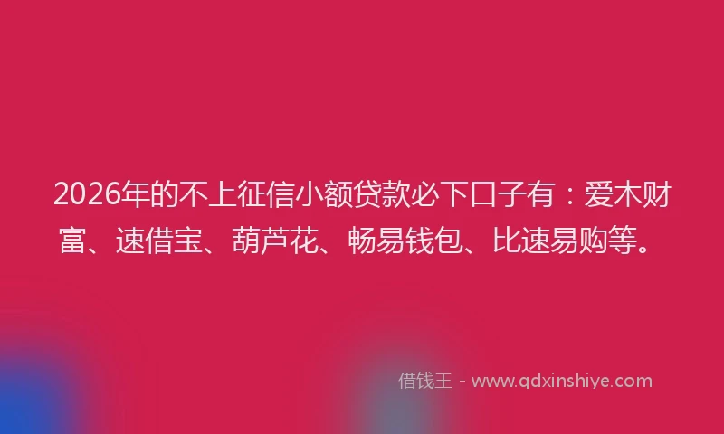 2026年的不上征信小额贷款必下口子有：爱木财富、速借宝、葫芦花、畅易钱包、比速易购等。