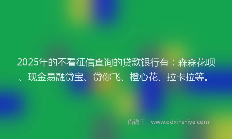 2025年的不看征信查询的贷款银行有：森森花呗、现金易融贷宝、贷你飞、橙心花、拉卡拉等。