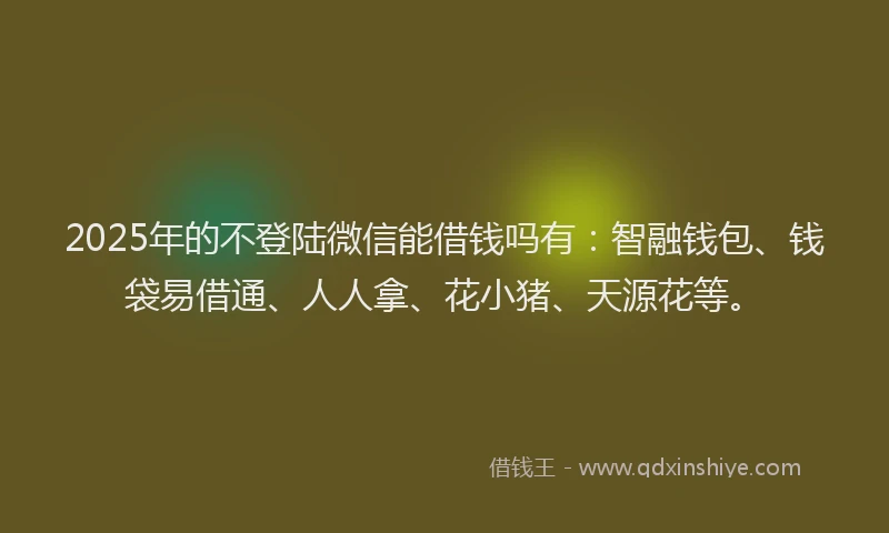 2025年的不登陆微信能借钱吗有：智融钱包、钱袋易借通、人人拿、花小猪、天源花等。