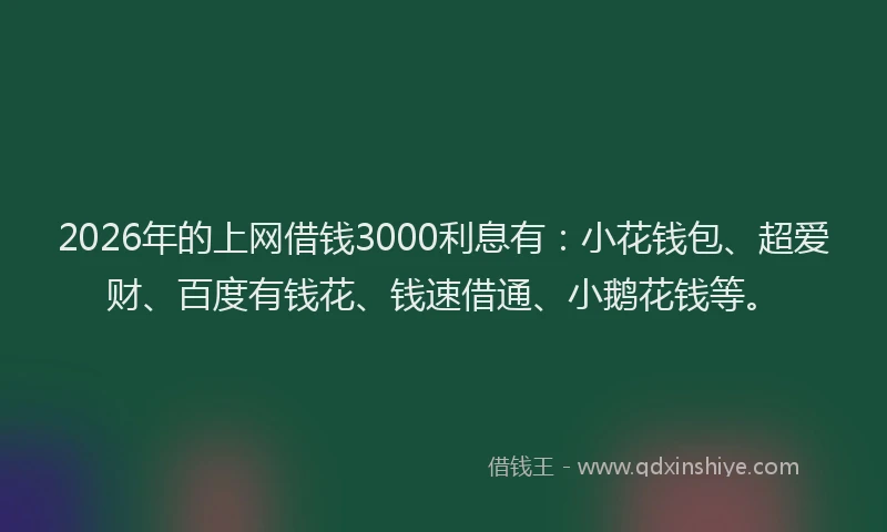2026年的上网借钱3000利息有：小花钱包、超爱财、百度有钱花、钱速借通、小鹅花钱等。