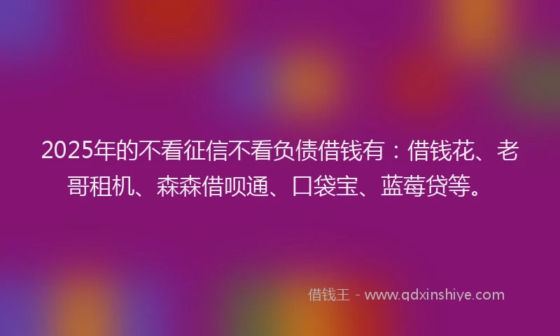 2025年的不看征信不看负债借钱有：借钱花、老哥租机、森森借呗通、口袋宝、蓝莓贷等。