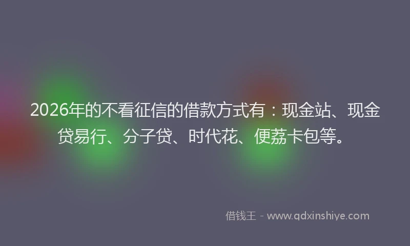 2026年的不看征信的借款方式有：现金站、现金贷易行、分子贷、时代花、便荔卡包等。