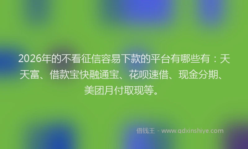 2026年的不看征信容易下款的平台有哪些有：天天富、借款宝快融通宝、花呗速借、现金分期、美团月付取现等。