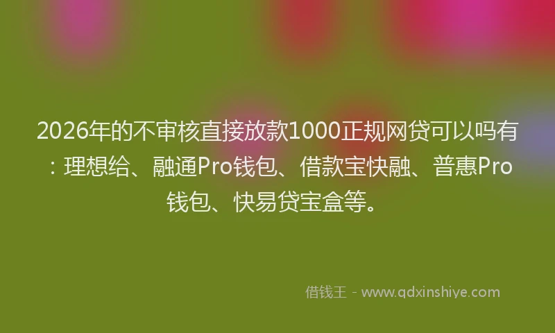 2026年的不审核直接放款1000正规网贷可以吗有:理想给、融通Pro钱包、借款宝快融、普惠Pro钱包、快易贷宝盒等。