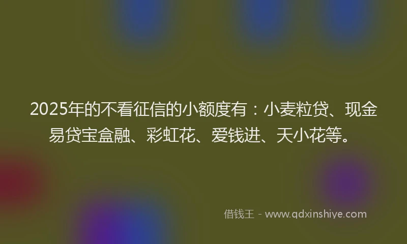 2025年的不看征信的小额度有：小麦粒贷、现金易贷宝盒融、彩虹花、爱钱进、天小花等。