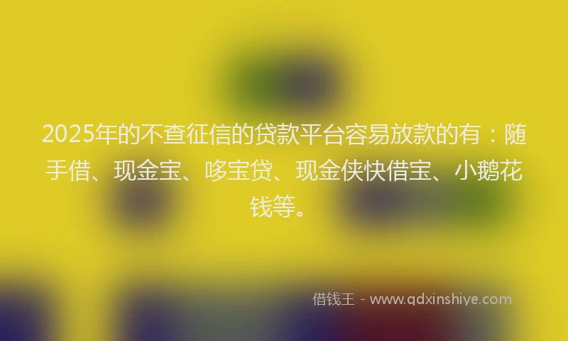 2025年的不查征信的贷款平台容易放款的有：随手借、现金宝、哆宝贷、现金侠快借宝、小鹅花钱等。