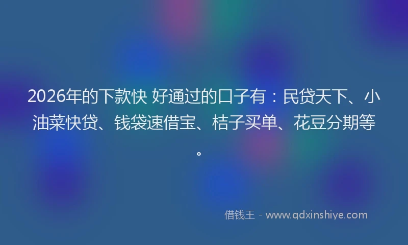 2026年的下款快 好通过的口子有:民贷天下、小油菜快贷、钱袋速借宝、桔子买单、花豆分期等。