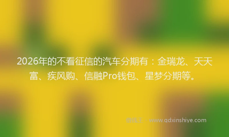 2026年的不看征信的汽车分期有：金瑞龙、天天富、疾风购、信融Pro钱包、星梦分期等。