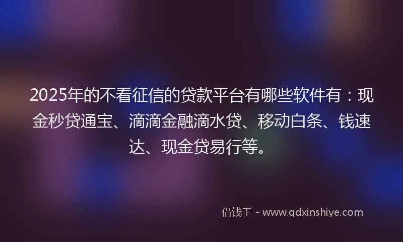 2025年的不看征信的贷款平台有哪些软件有：现金秒贷通宝、滴滴金融滴水贷、移动白条、钱速达、现金贷易行等。