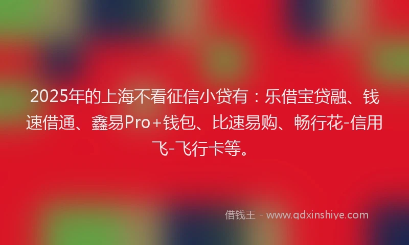 2025年的上海不看征信小贷有：乐借宝贷融、钱速借通、鑫易Pro+钱包、比速易购、畅行花-信用飞-飞行卡等。