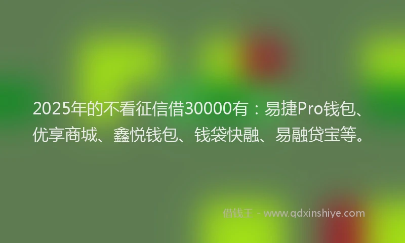 2025年的不看征信借30000有:易捷Pro钱包、优享商城、鑫悦钱包、钱袋快融、易融贷宝等。