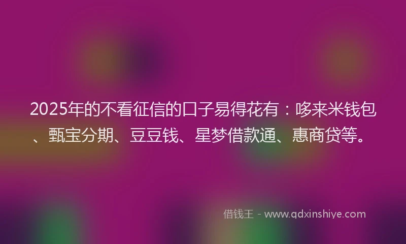 2025年的不看征信的口子易得花有：哆来米钱包、甄宝分期、豆豆钱、星梦借款通、惠商贷等。