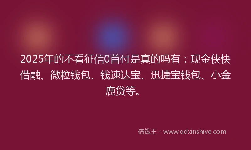 2025年的不看征信0首付是真的吗有：现金侠快借融、微粒钱包、钱速达宝、迅捷宝钱包、小金鹿贷等。