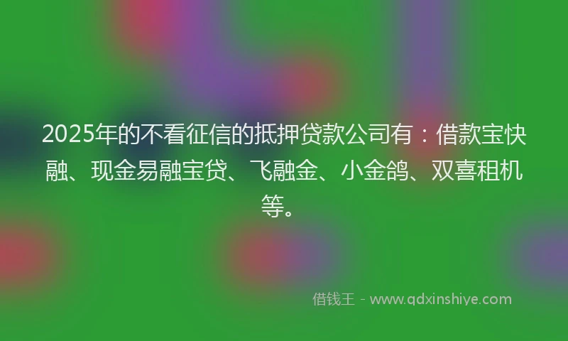 2025年的不看征信的抵押贷款公司有：借款宝快融、现金易融宝贷、飞融金、小金鸽、双喜租机等。