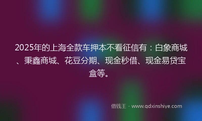 2025年的上海全款车押本不看征信有：白象商城、秉鑫商城、花豆分期、现金秒借、现金易贷宝盒等。