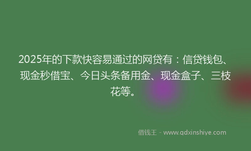 2025年的下款快容易通过的网贷有：信贷钱包、现金秒借宝、今日头条备用金、现金盒子、三枝花等。