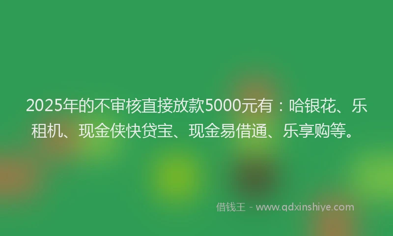 2025年的不审核直接放款5000元有：哈银花、乐租机、现金侠快贷宝、现金易借通、乐享购等。