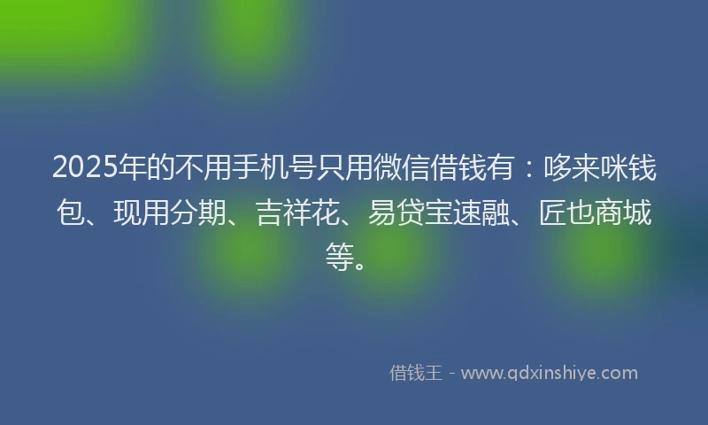2025年的不用手机号只用微信借钱有：哆来咪钱包、现用分期、吉祥花、易贷宝速融、匠也商城等。