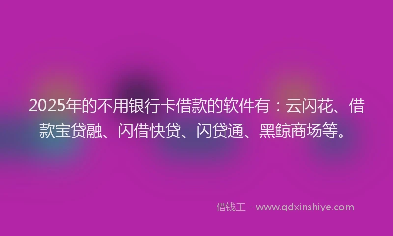 2025年的不用银行卡借款的软件有：云闪花、借款宝贷融、闪借快贷、闪贷通、黑鲸商场等。