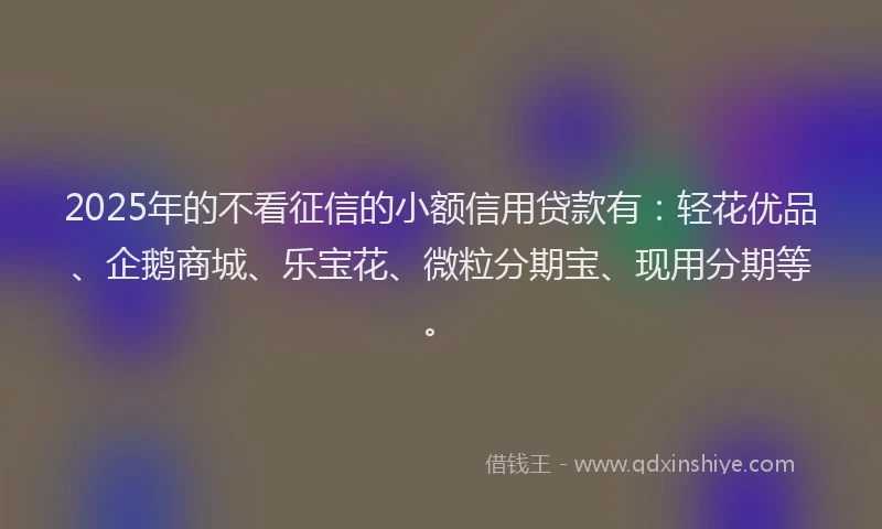 2025年的不看征信的小额信用贷款有：轻花优品、企鹅商城、乐宝花、微粒分期宝、现用分期等。