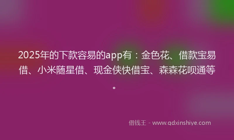 2025年的下款容易的app有：金色花、借款宝易借、小米随星借、现金侠快借宝、森森花呗通等。