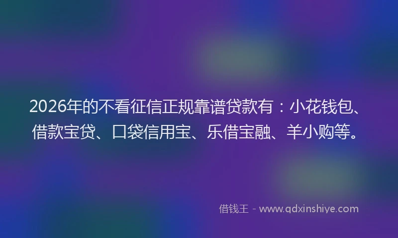 2026年的不看征信正规靠谱贷款有：小花钱包、借款宝贷、口袋信用宝、乐借宝融、羊小购等。