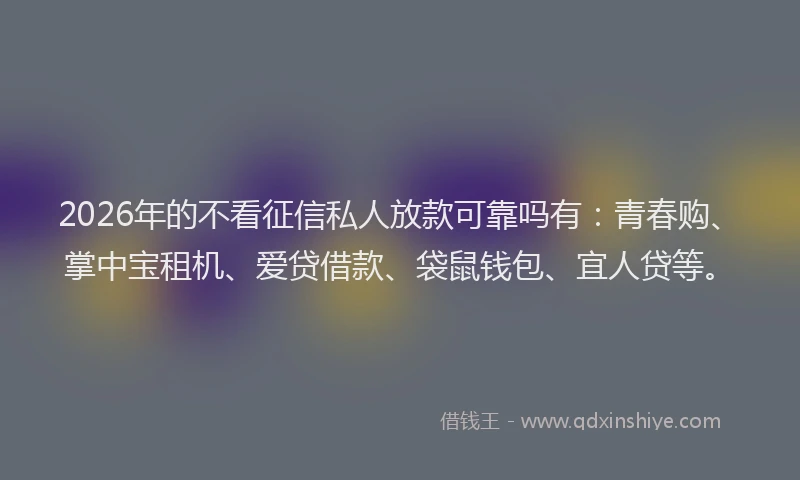 2026年的不看征信私人放款可靠吗有:青春购、掌中宝租机、爱贷借款、袋鼠钱包、宜人贷等。