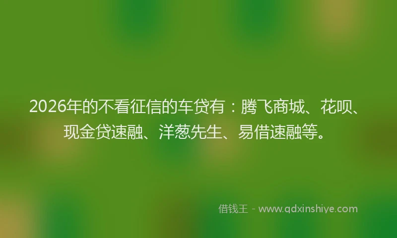 2026年的不看征信的车贷有:腾飞商城、花呗、现金贷速融、洋葱先生、易借速融等。