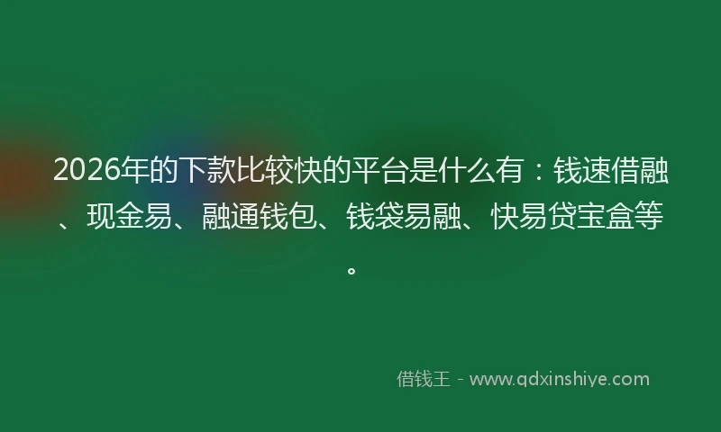 2026年的下款比较快的平台是什么有：钱速借融、现金易、融通钱包、钱袋易融、快易贷宝盒等。