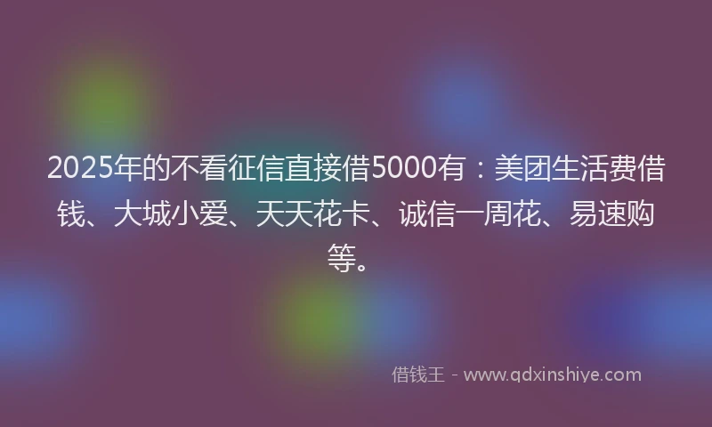 2025年的不看征信直接借5000有：美团生活费借钱、大城小爱、天天花卡、诚信一周花、易速购等。
