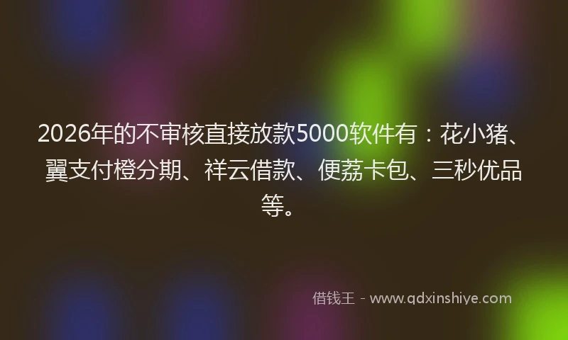 2026年的不审核直接放款5000软件有：花小猪、翼支付橙分期、祥云借款、便荔卡包、三秒优品等。
