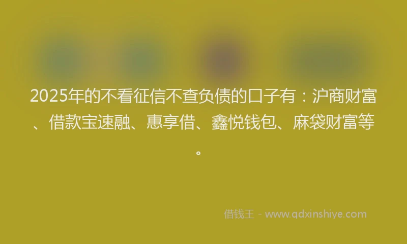 2025年的不看征信不查负债的口子有：沪商财富、借款宝速融、惠享借、鑫悦钱包、麻袋财富等。