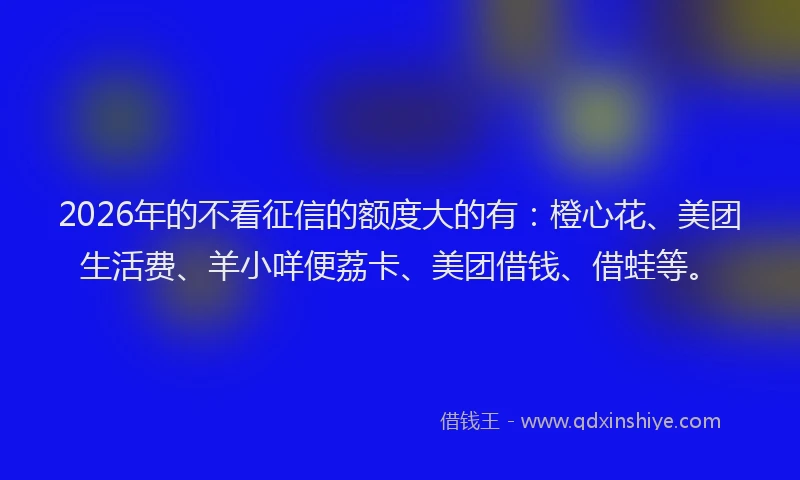 2026年的不看征信的额度大的有：橙心花、美团生活费、羊小咩便荔卡、美团借钱、借蛙等。