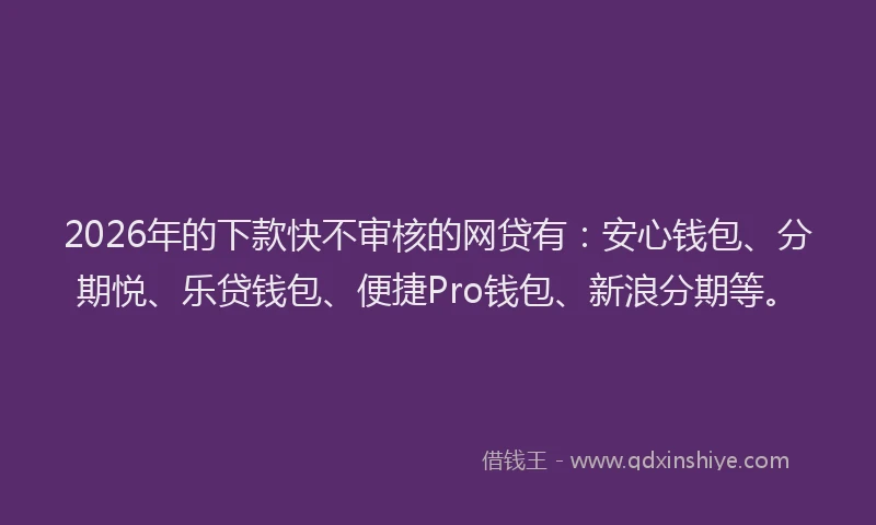 2026年的下款快不审核的网贷有:安心钱包、分期悦、乐贷钱包、便捷Pro钱包、新浪分期等。
